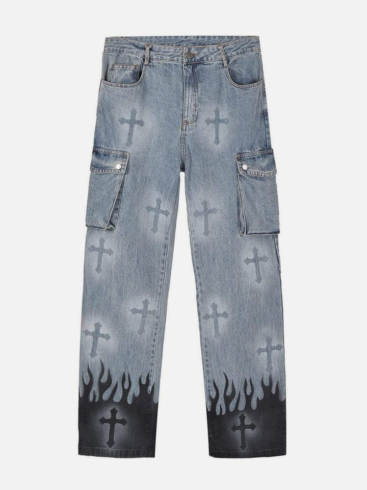 Jeans de croix de flamme de feu