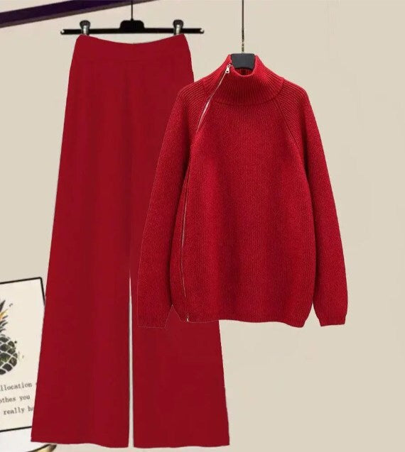 Red Plain High Neck Two Piece Set