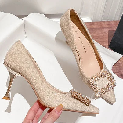 Lady's Pearl Square Buckle Heels