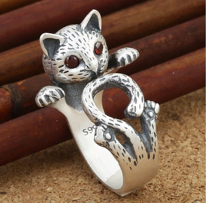 Verstelbare handgeschilderde kattenring in 925 sterling zilver