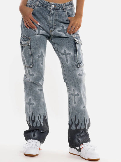 Jeans de croix de flamme de feu