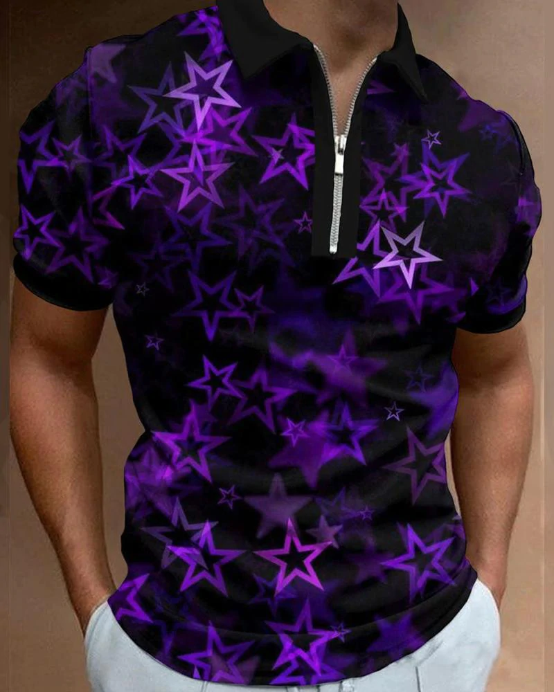 Zippered Print Polo Shirt