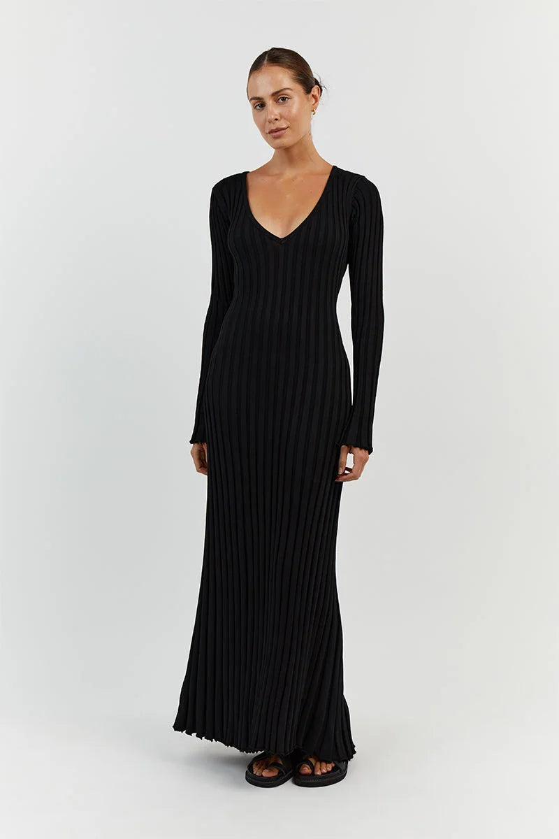 Elegant Ribbed V-Neck Dress