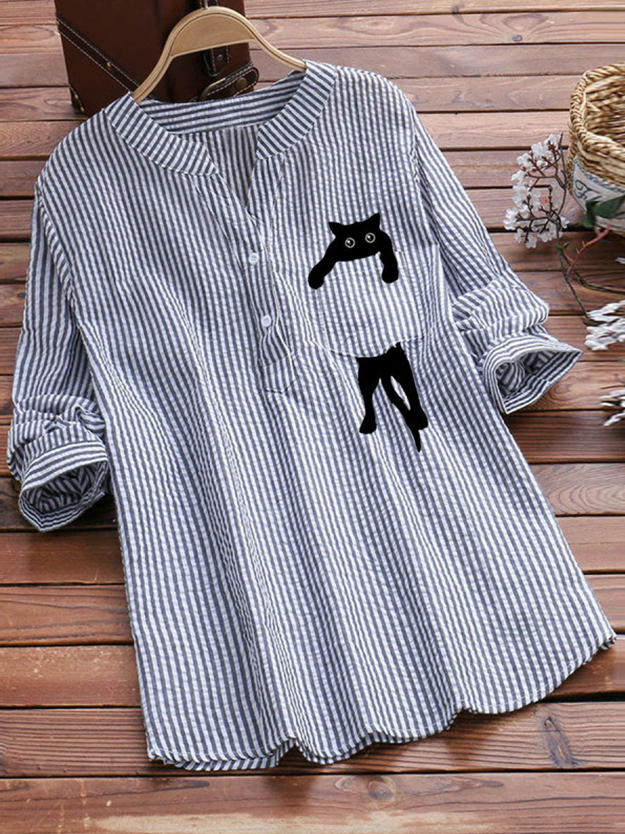 Blue Striped Cat Blouses Top