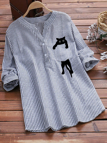 Blue Striped Cat Blouses Top