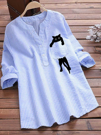 Blue Striped Cat Blouses Top