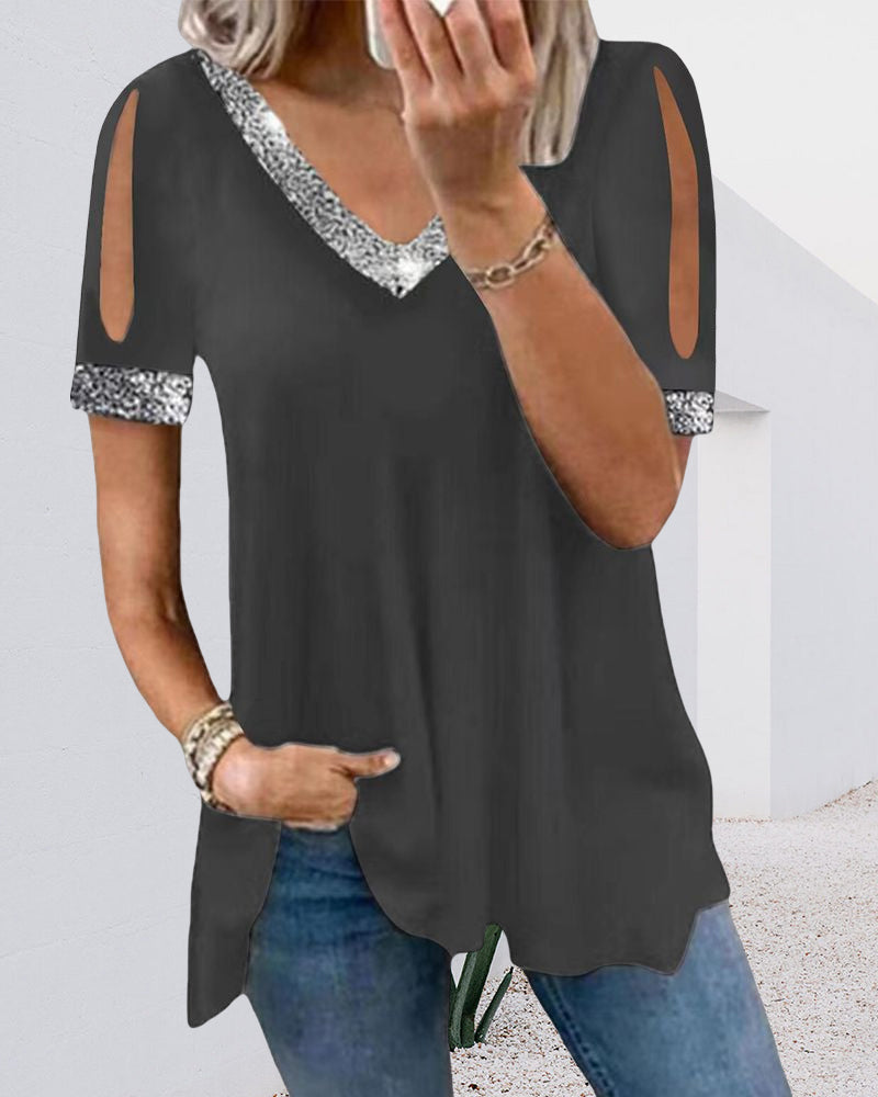 Dames Uit Schouder T-Shirt met Pailletten – Chic en Glamoureus vrijetijdskleding Topje