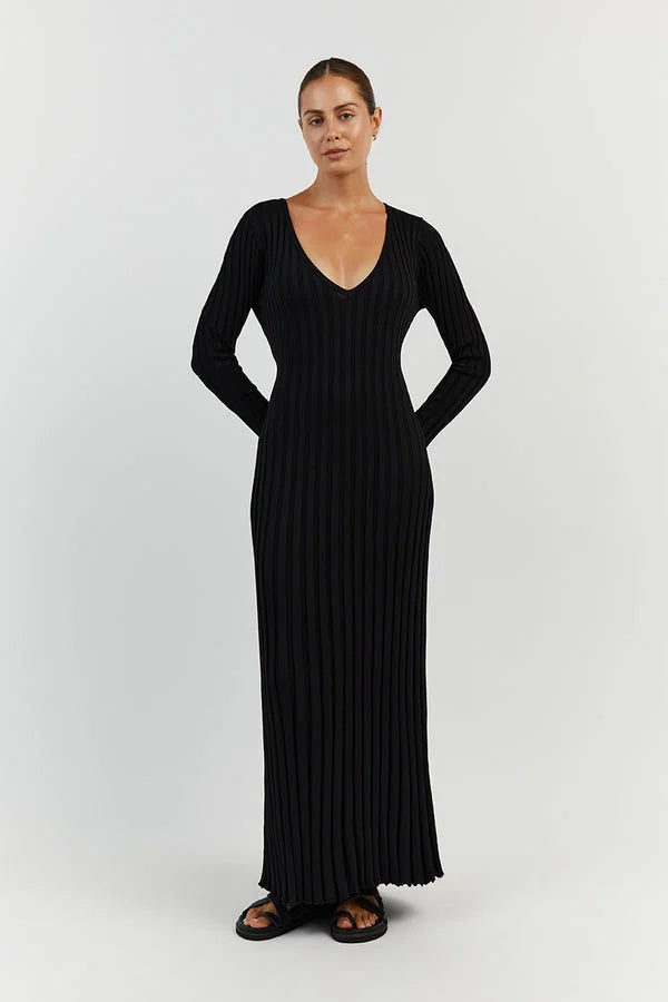 Elegant Ribbed V-Neck Dress