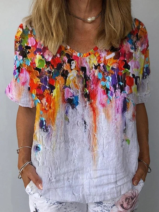 Oil Painting Print V-Neck Top