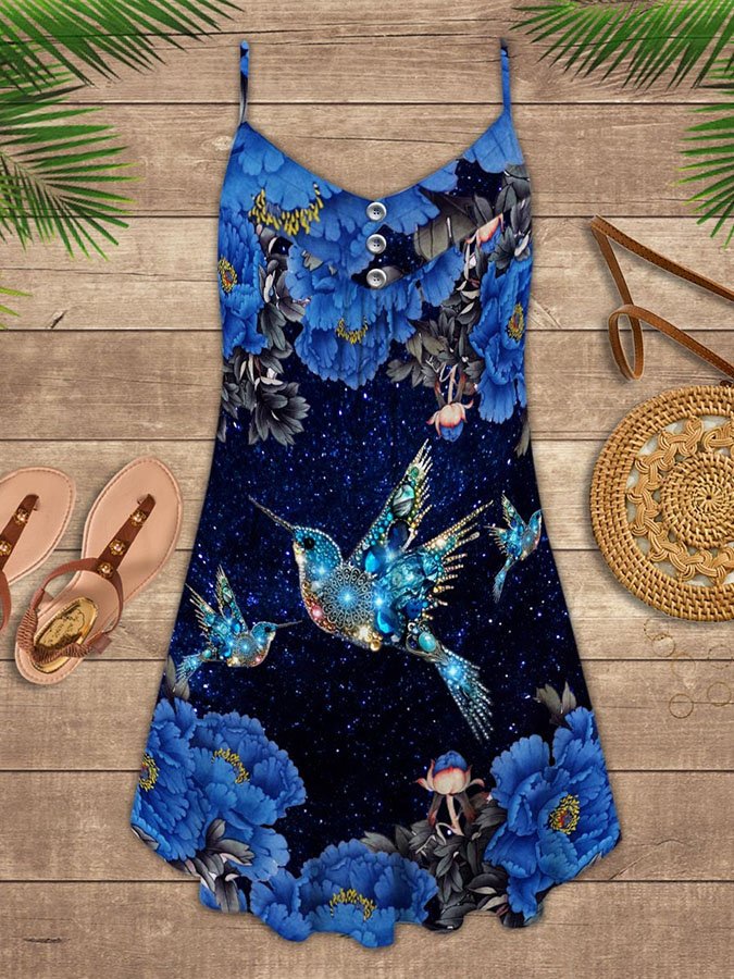 Hummingbird Flower Spaghetti Strap Dress