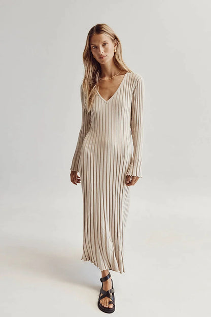 Elegant Ribbed V-Neck Dress