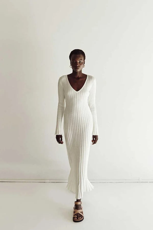 Elegant Ribbed V-Neck Dress