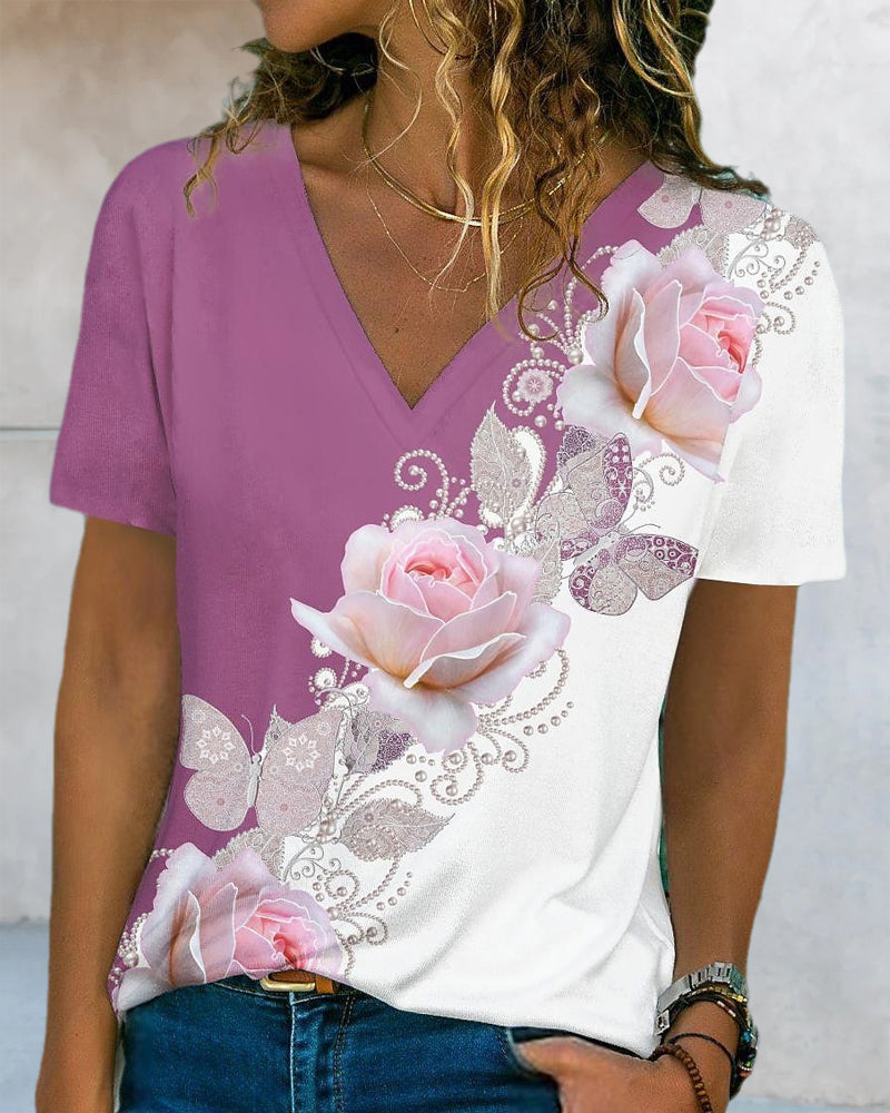 Floraldruck V-Ausschnitt T-Shirt