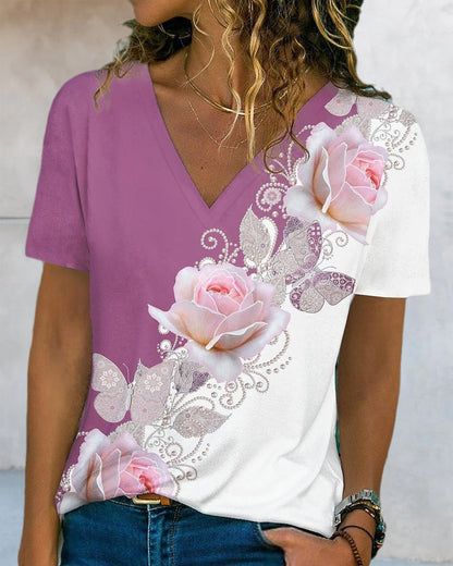 Blomsterprint T-shirt med V-hals