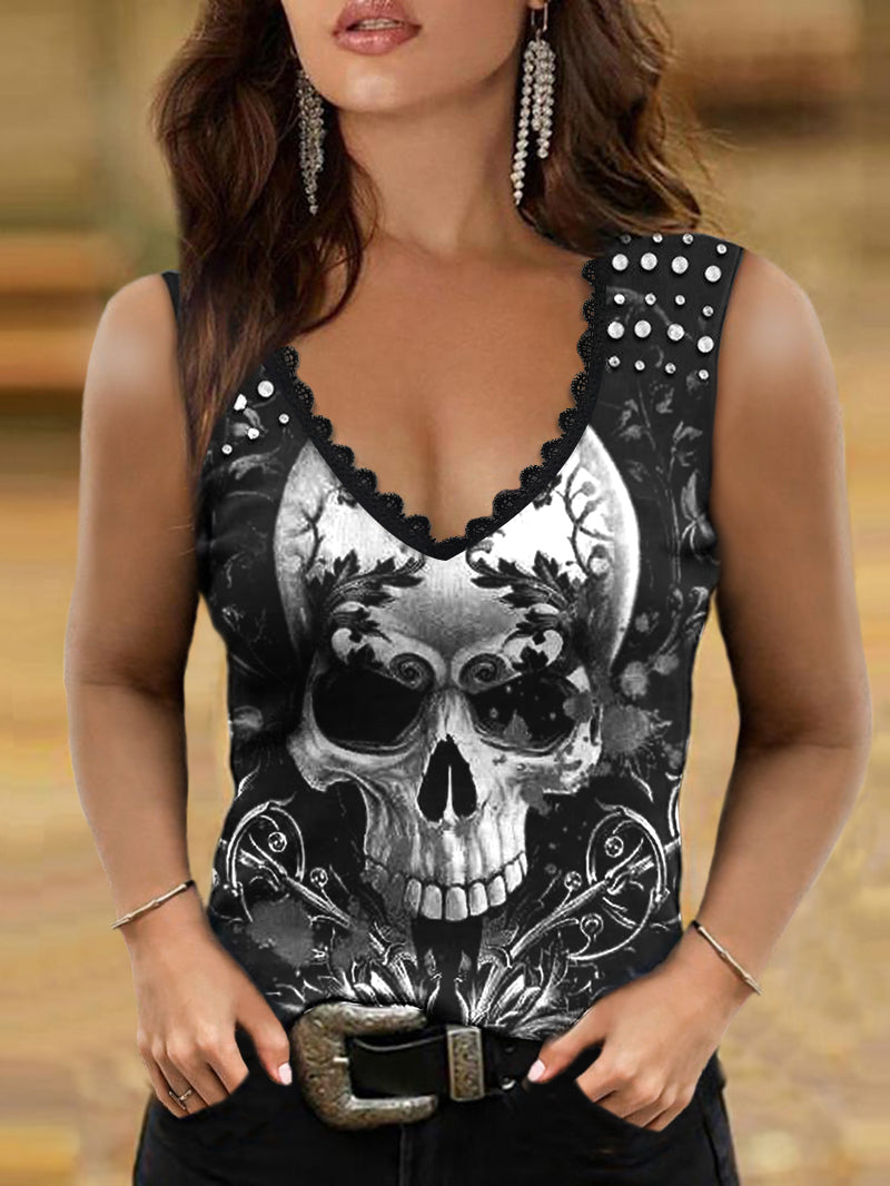 Dameshemd met doodshoofd en gothic kant - Edgy top met ingewikkeld kantdetail