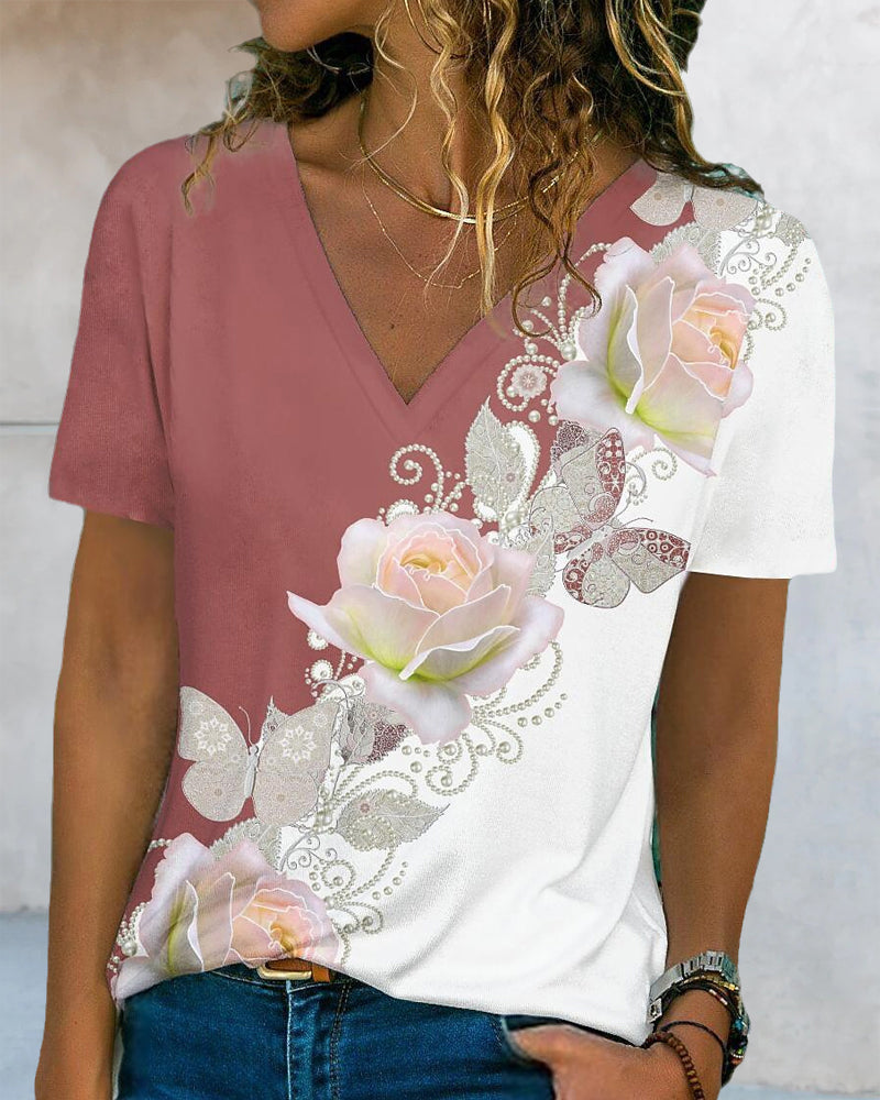 Blomsterprint T-shirt med V-hals