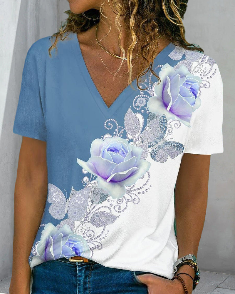 Floraldruck V-Ausschnitt T-Shirt