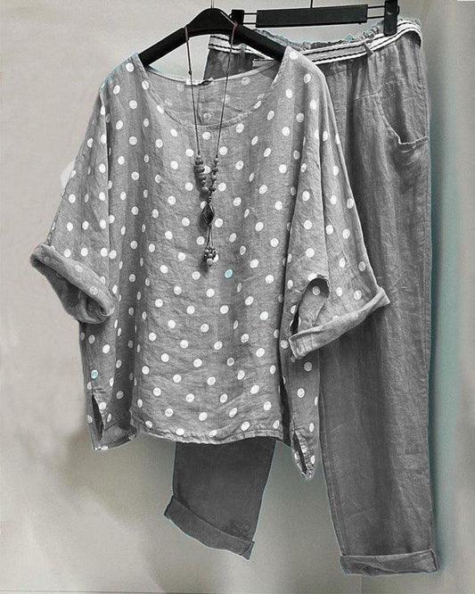 Polka Dot Short Sleeve Two Piece Suit