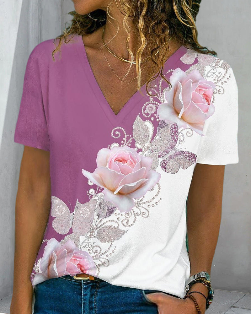 Blomsterprint T-shirt med V-hals