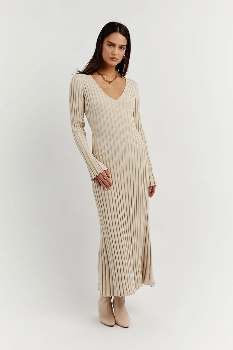 Elegant Ribbed V-Neck Dress