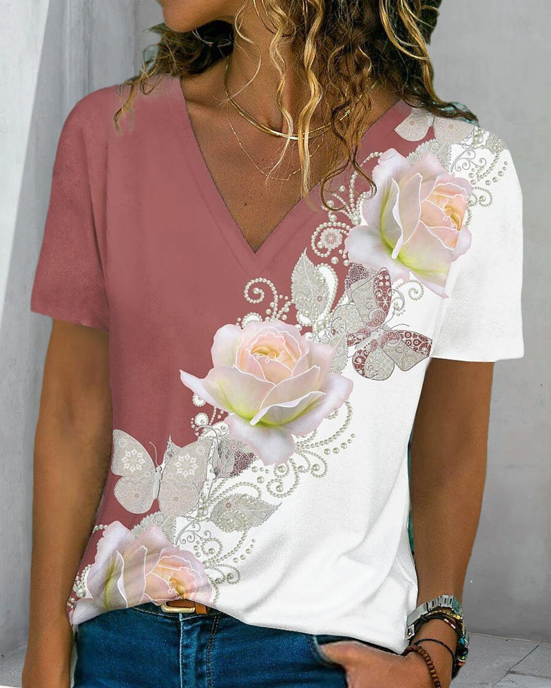 Blomsterprint T-shirt med V-hals