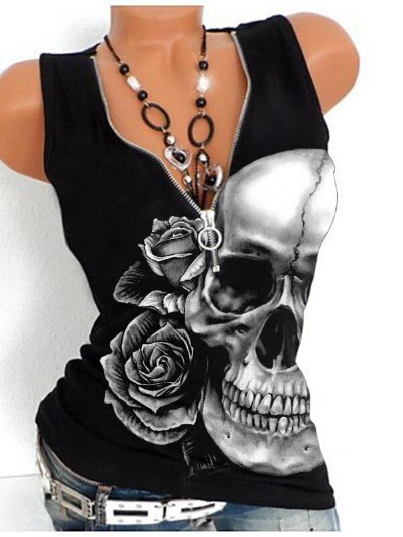 Roze doodshoofd V-hals mouwloze top - Trends grafische tank voor dames