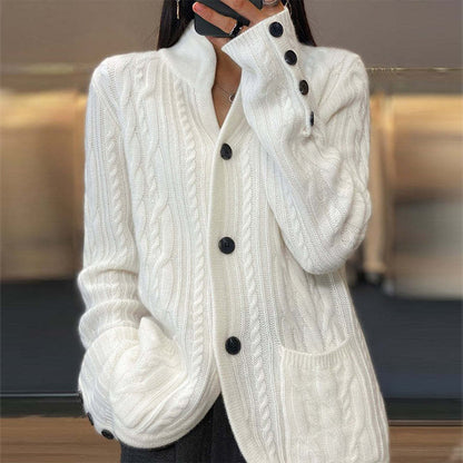 Mandarin Collar White Sweater Cardigan