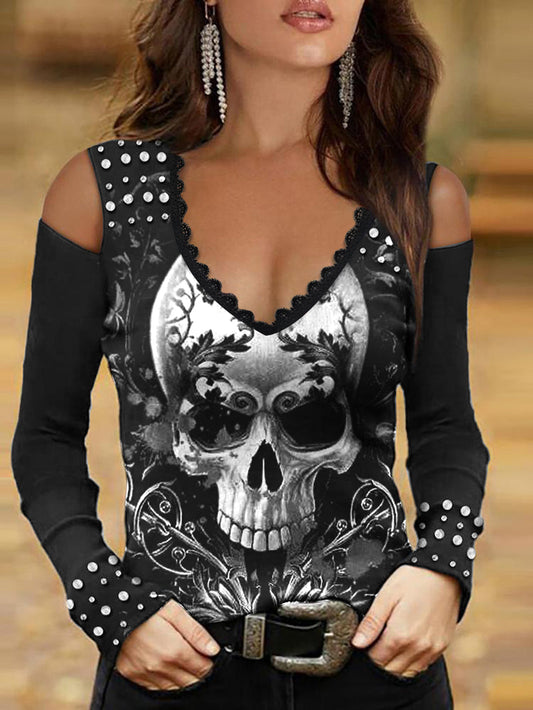 Dameshemd met doodshoofd en gothic kant - Edgy top met ingewikkeld kantdetail