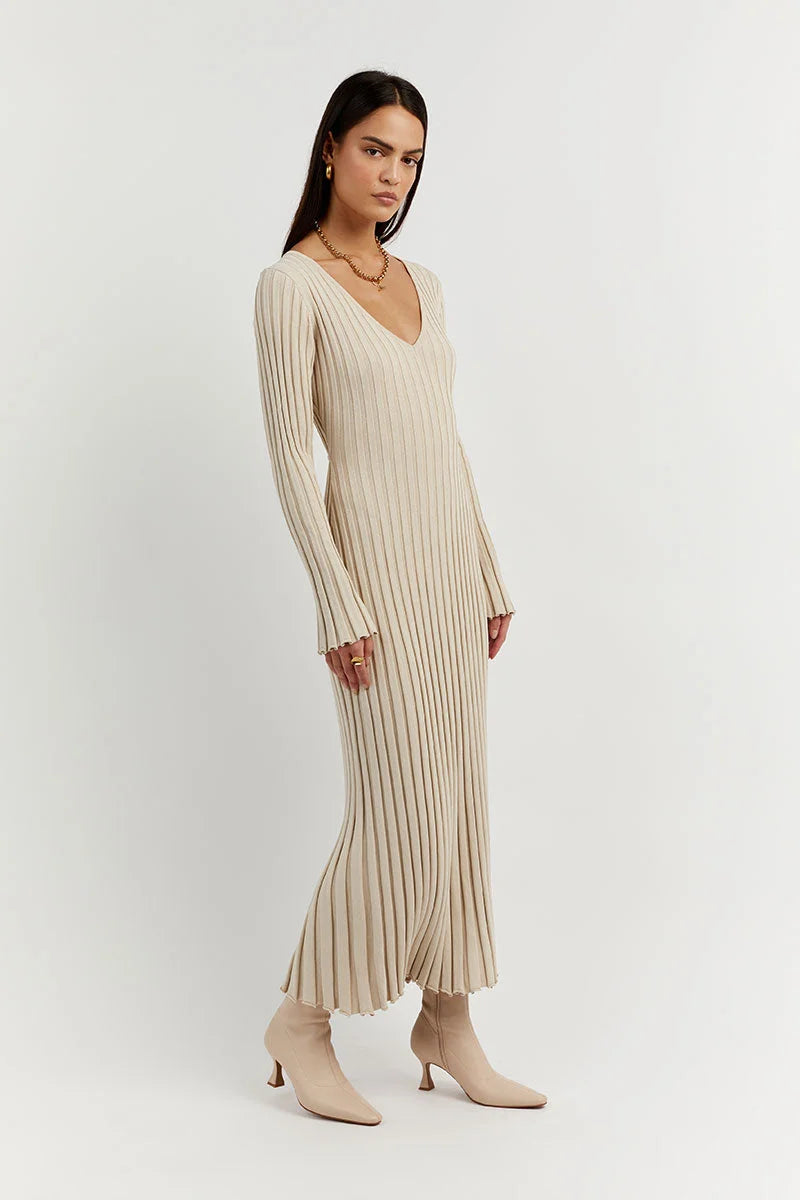 Elegant Ribbed V-Neck Dress