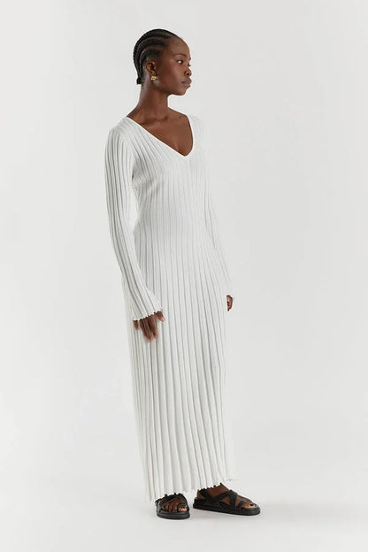 Elegant Ribbed V-Neck Dress